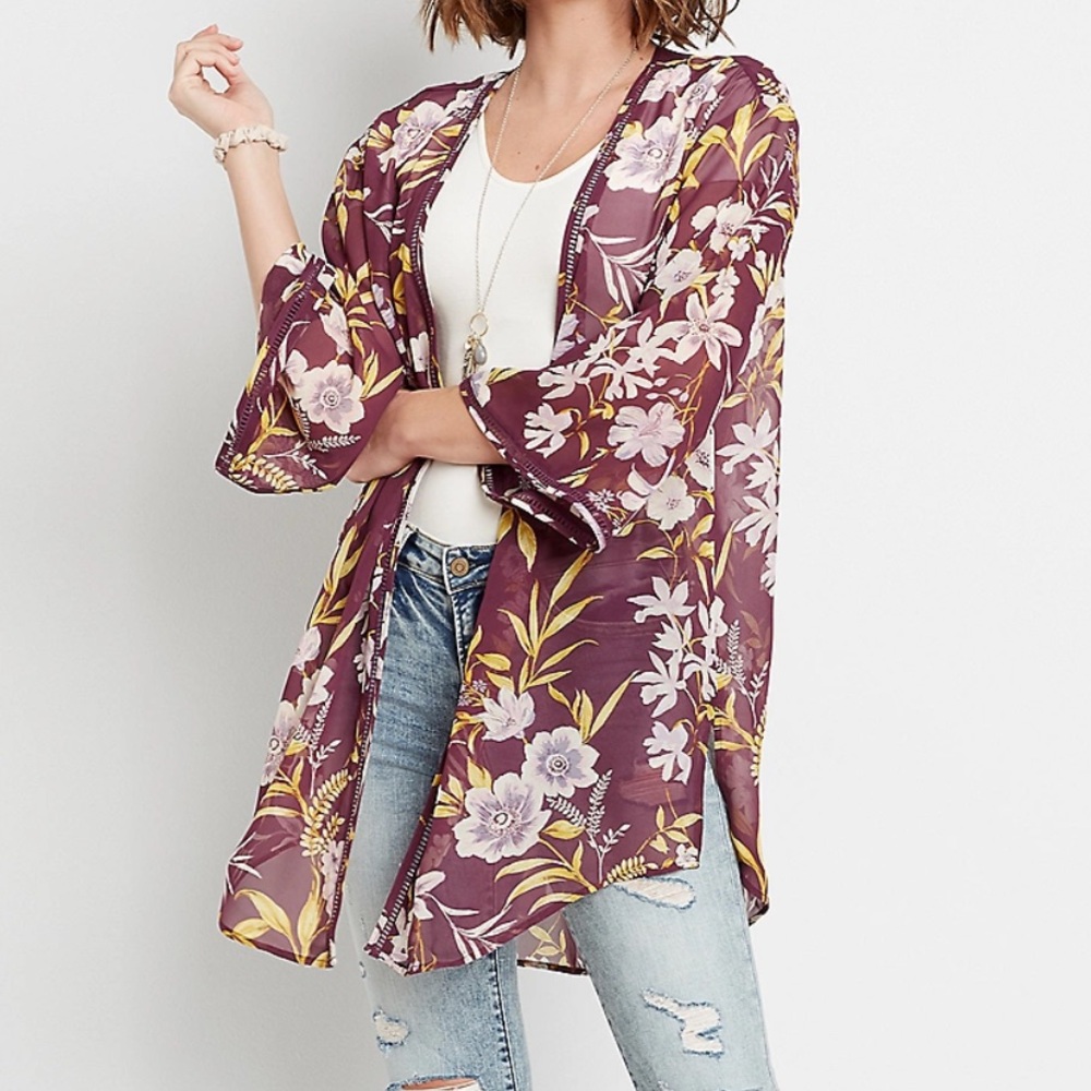 BOG Collective floral crochet trim sheer kimono sweater